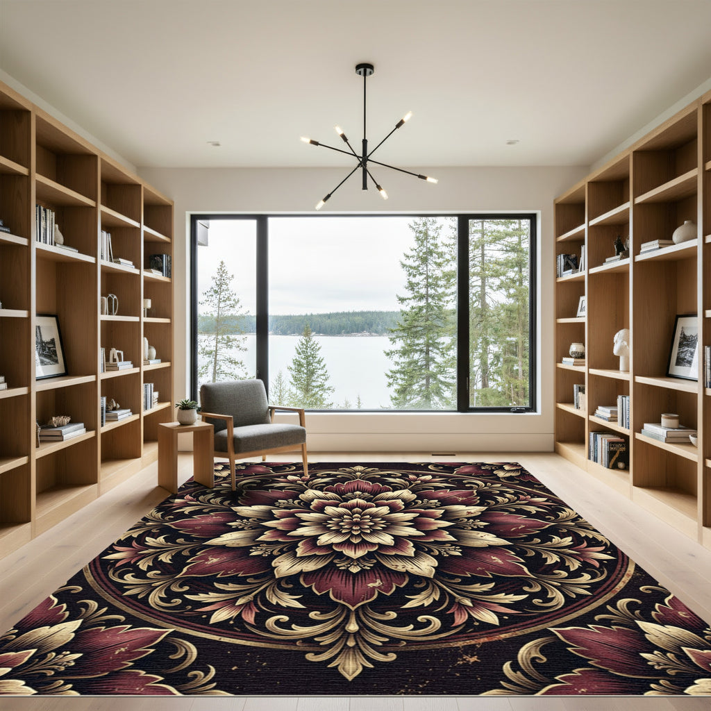 Ornate Burgundy and Gold Floral Medallion Rug