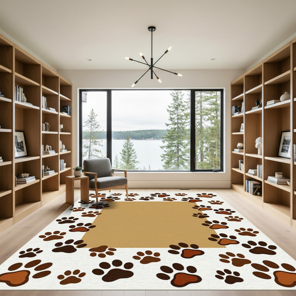 Playful Brown Paw Footprint Border Rug