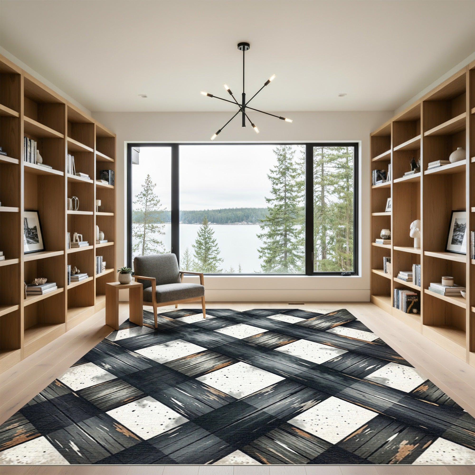 Modern Charcoal Monochrome Woven Plaid Rug