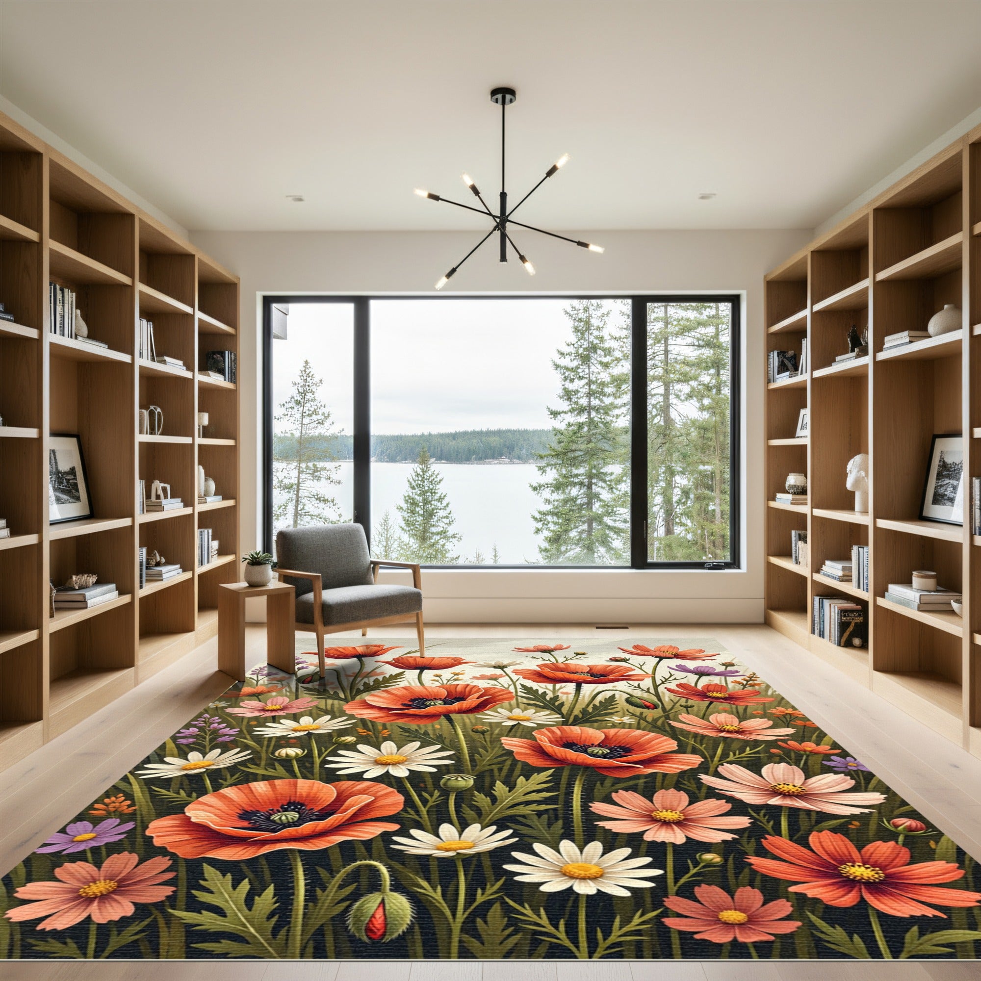 Vibrant Coral Poppy Meadow Garden Rug
