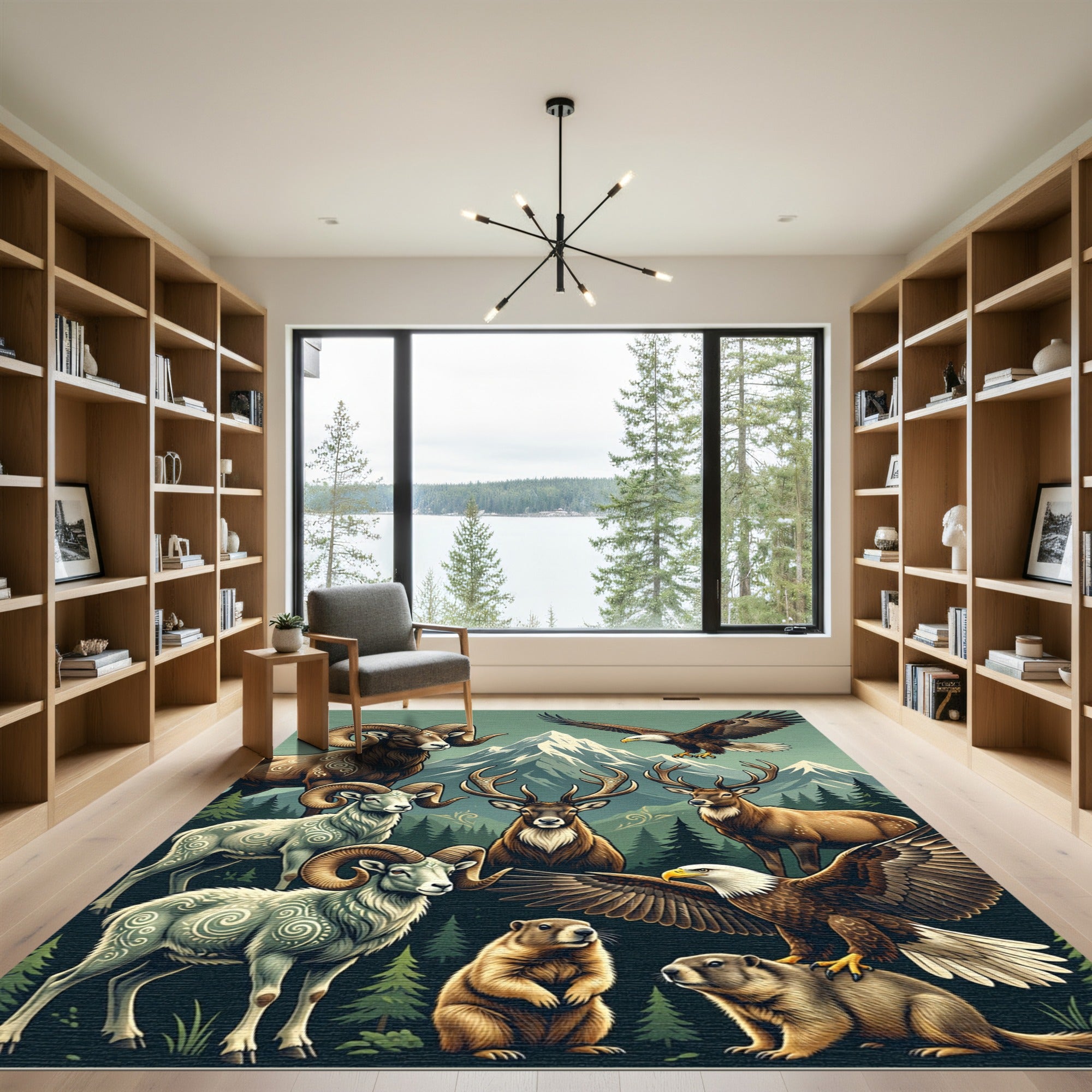 Majestic Mountain Wildlife Forest Scene Rug