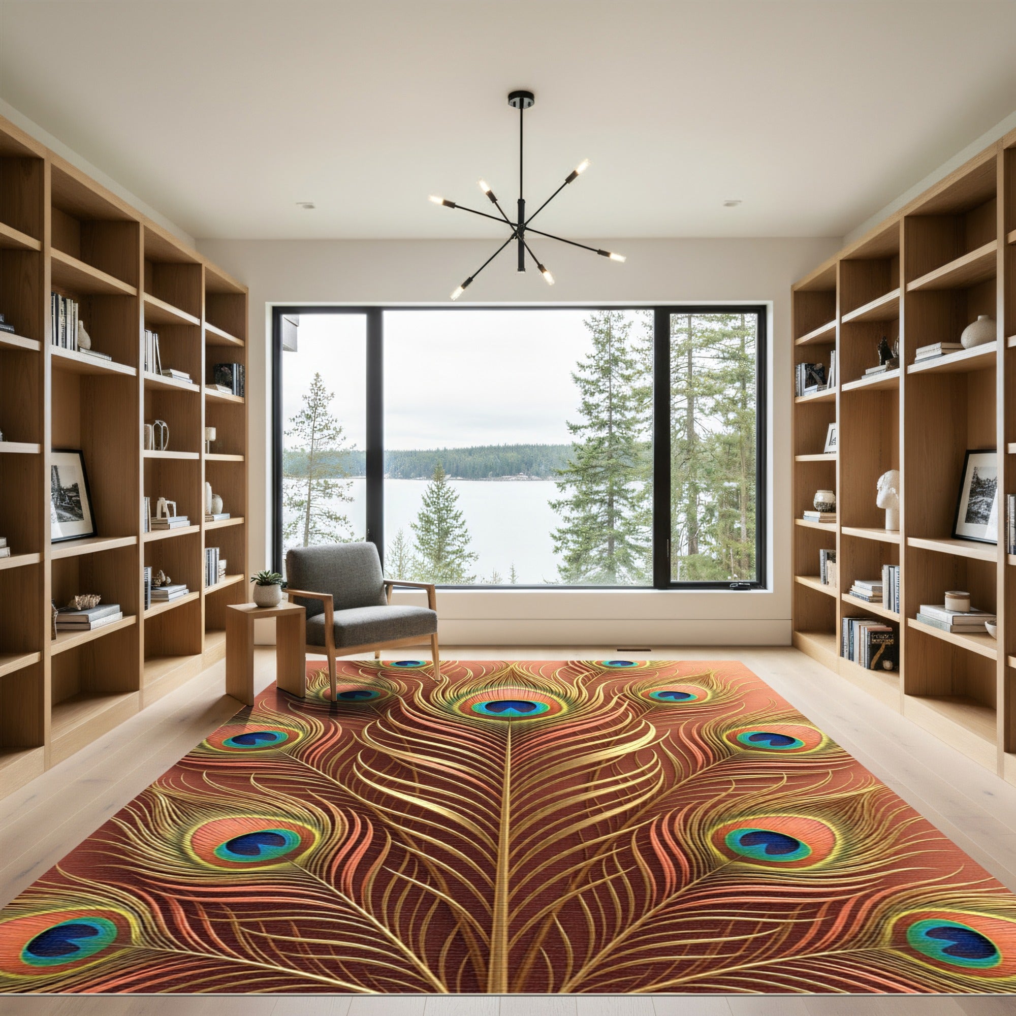 Elegant Golden Peacock Feather Luxury Art Rug