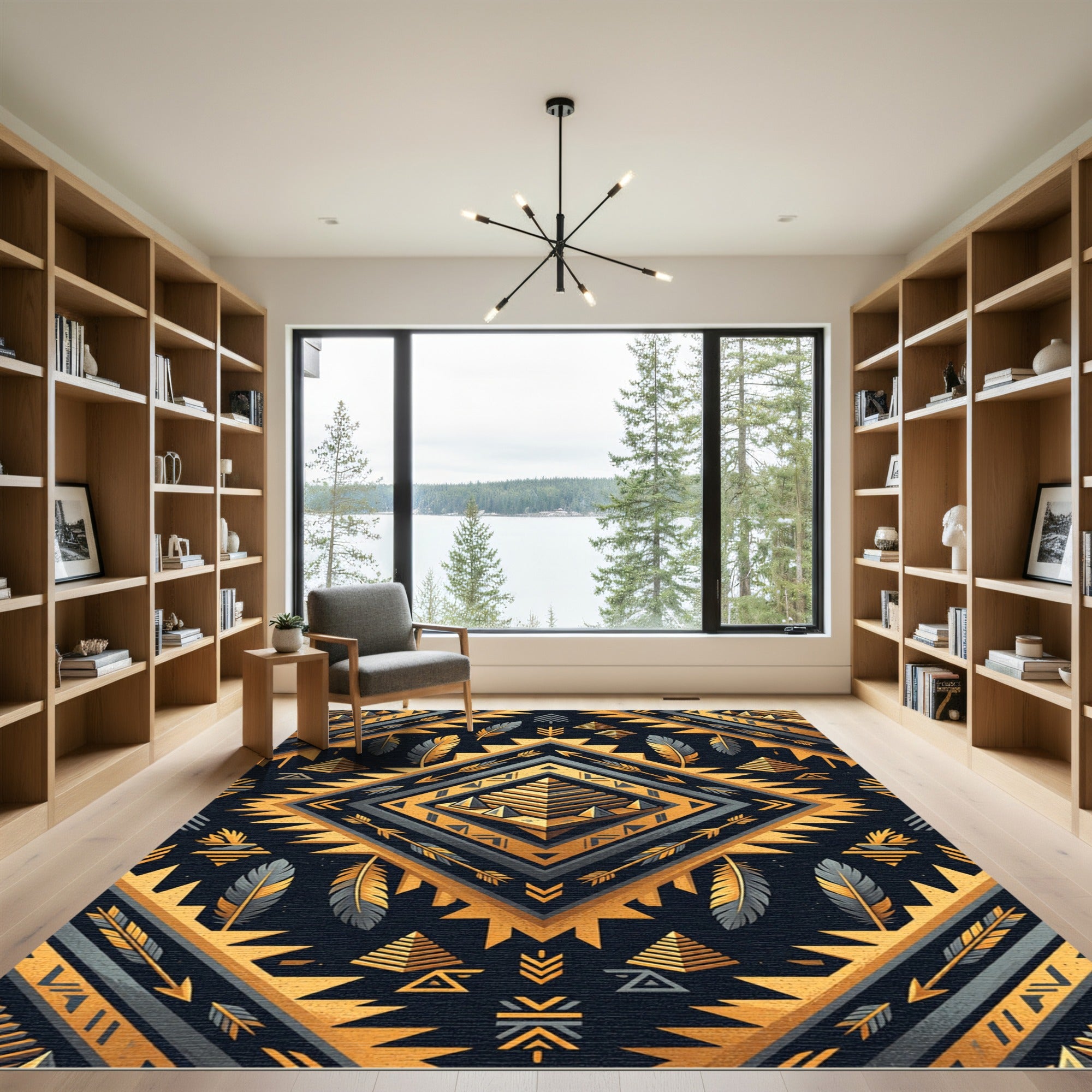 Golden Obsidian Geometric Aztec Feather Rug