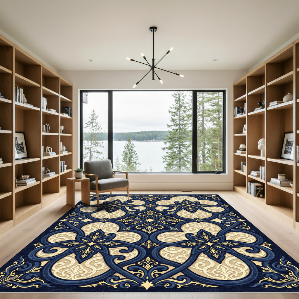 Deep Blue Gold Floral Arabesque Rug