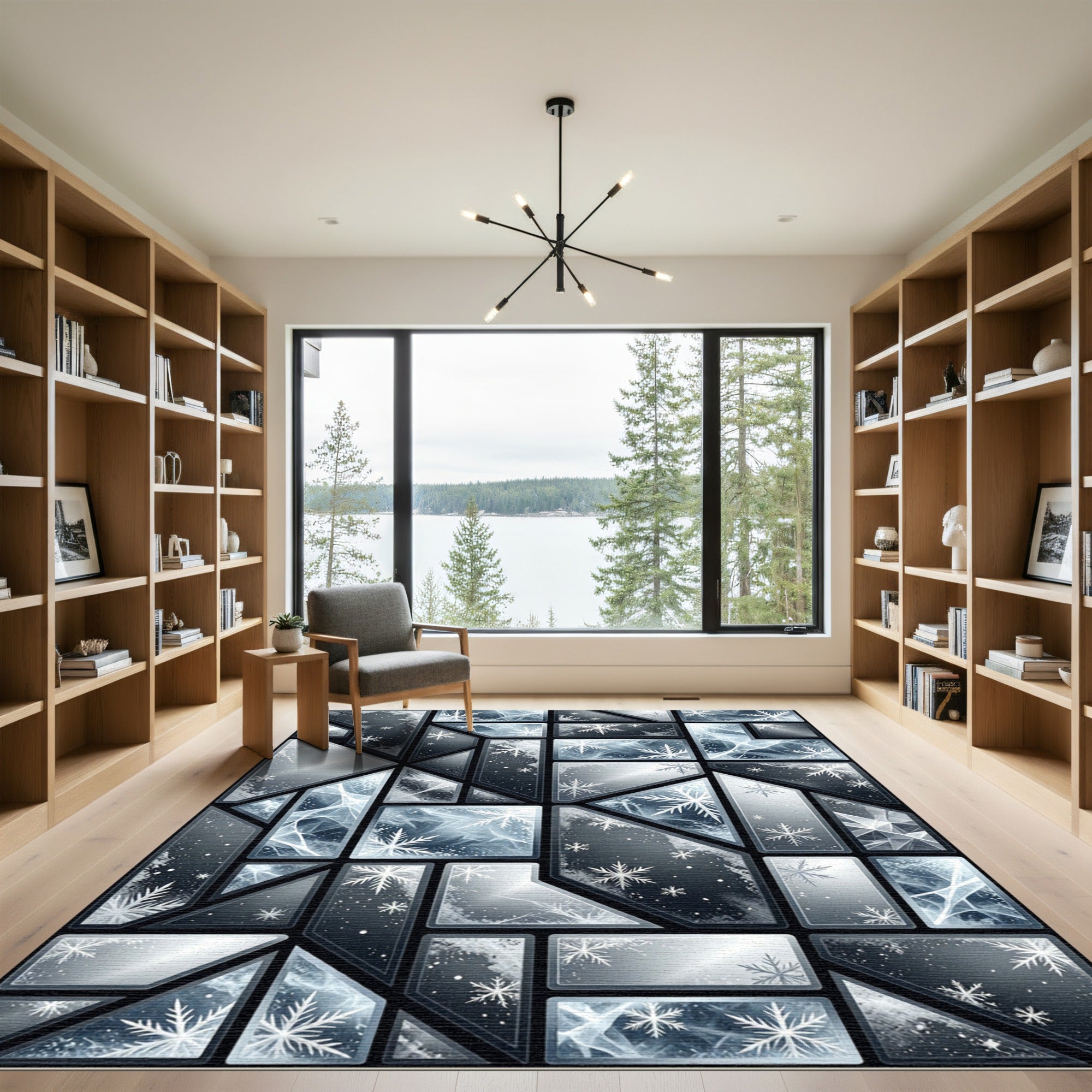 Frozen Blue Geometric Snowflake Mosaic Rug