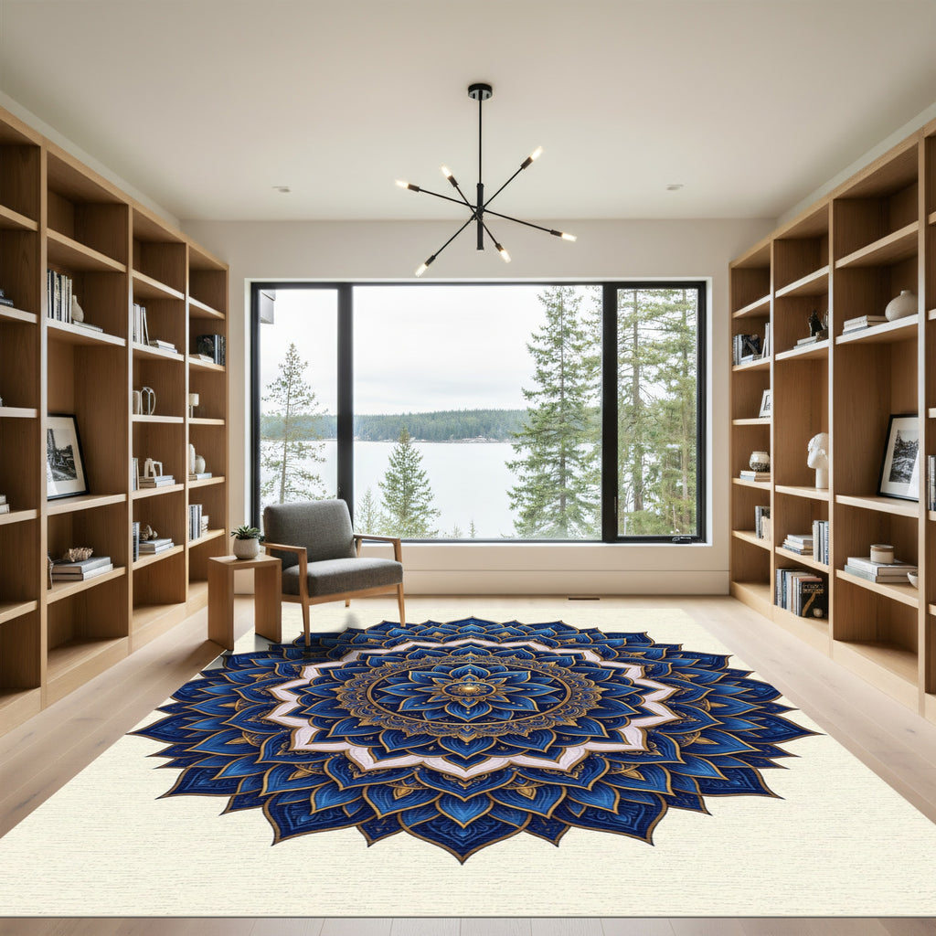 Elegant Royal Blue Gold Lotus Mandala Rug