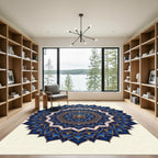 Elegant Royal Blue Gold Lotus Mandala Rug