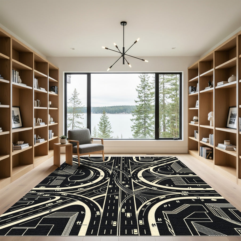Modern Monochrome Architectural Highway Cityscape Rug