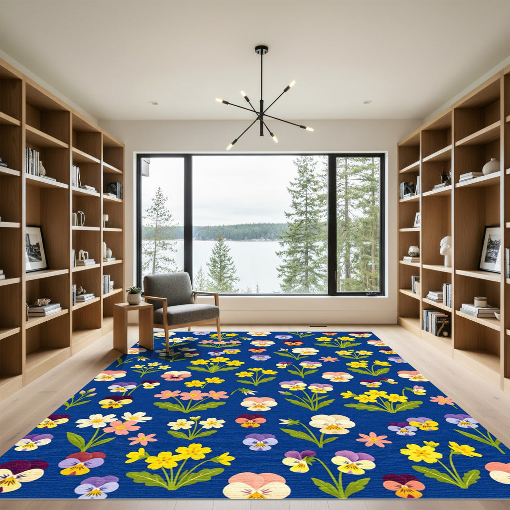 Pansy Garden Blue Floral Arrangement Rug