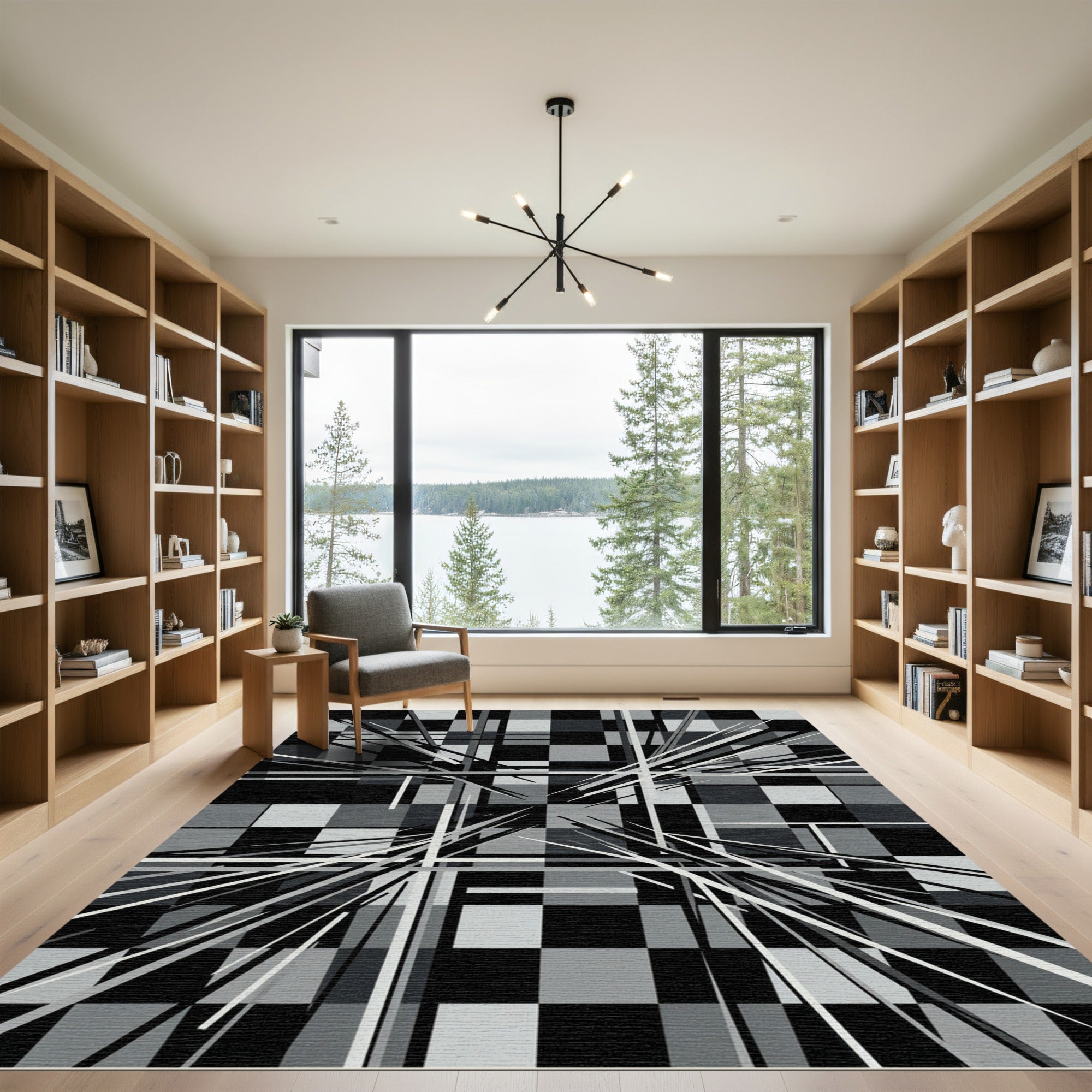Modern Monochrome Geometric Linear Abstract Rug