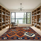 Bold Navy and Rust Geometric Diamond Rug