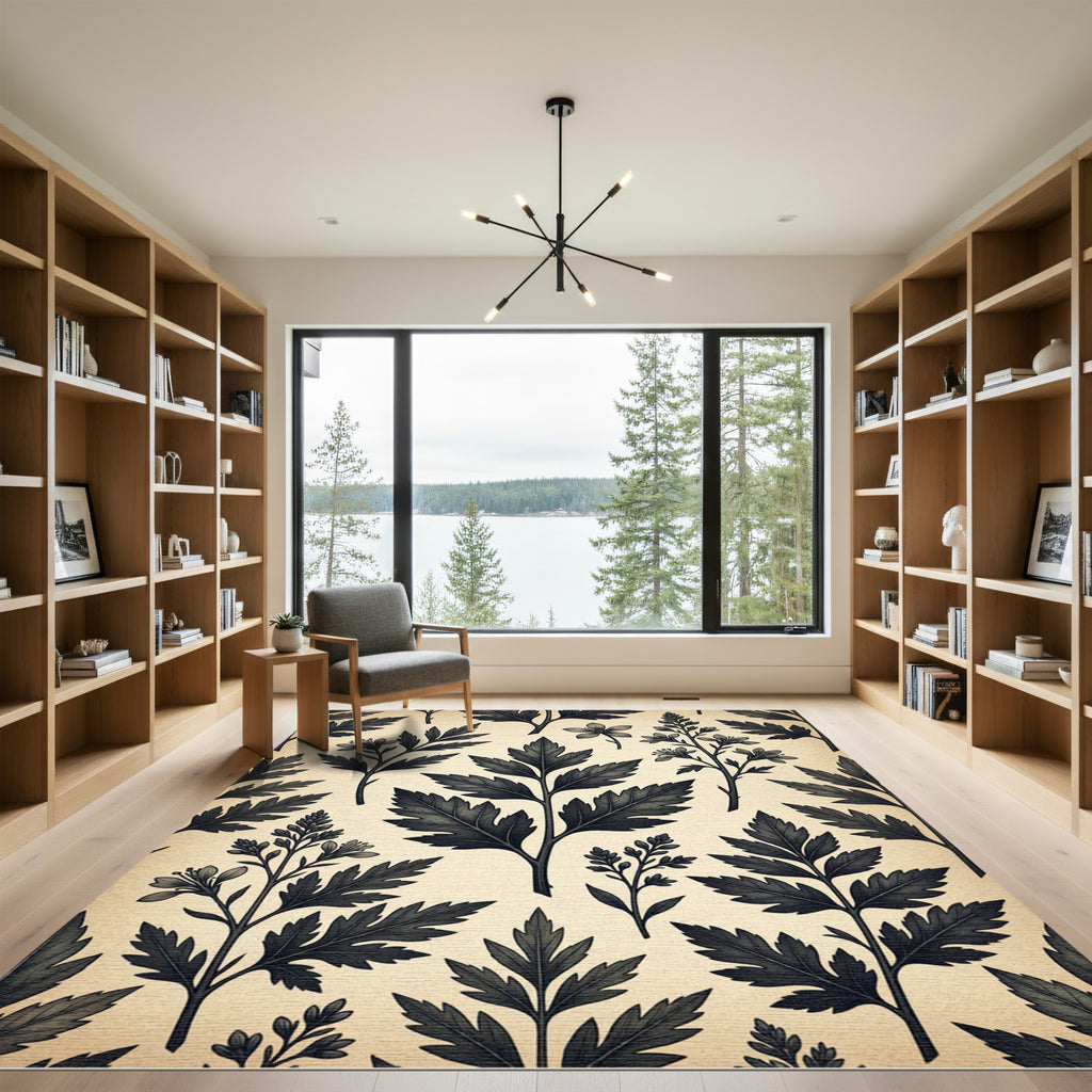 Monochromatic Botanical Charcoal Fern Foliage Rug
