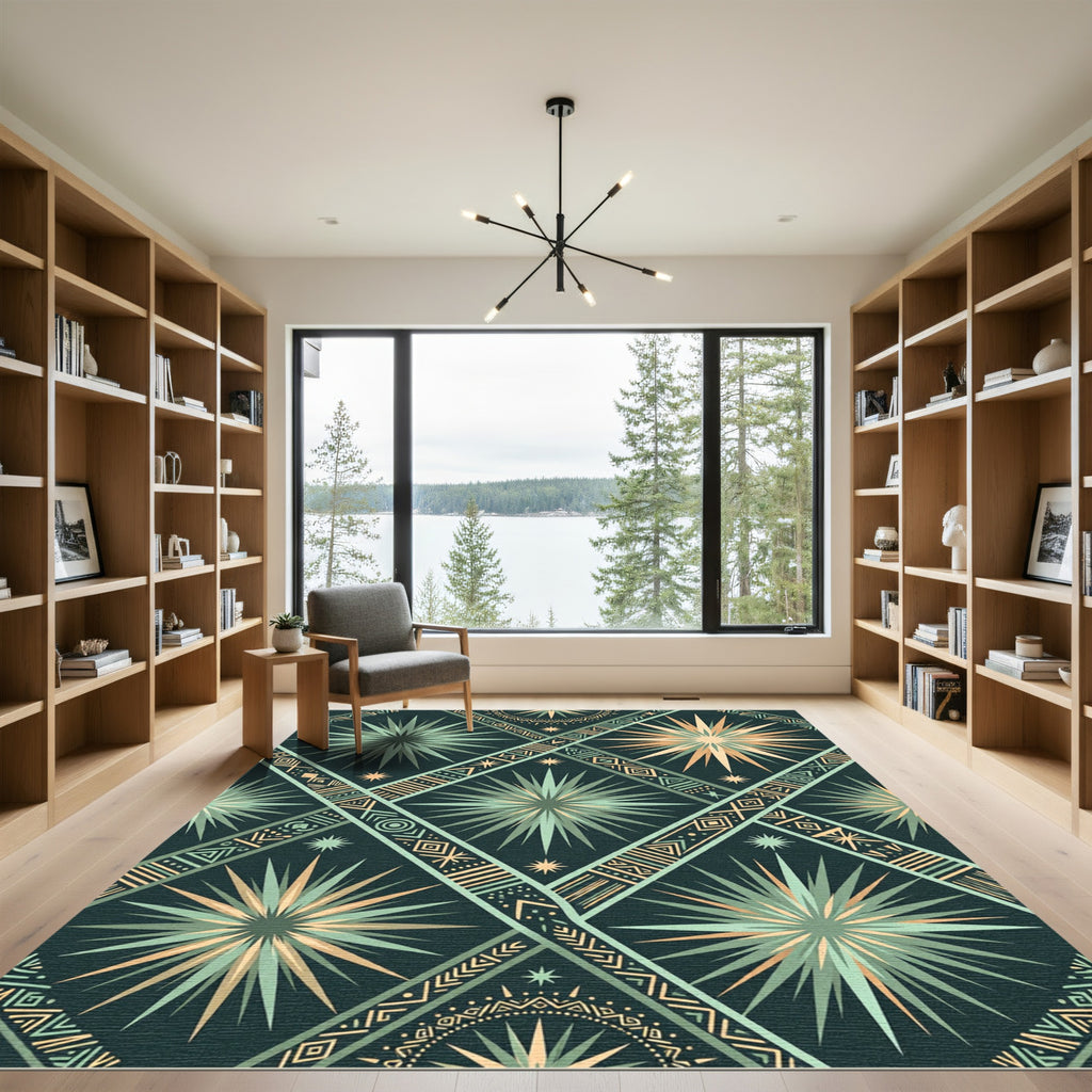 Teal Peach Sunburst Diamond Tribal Rug