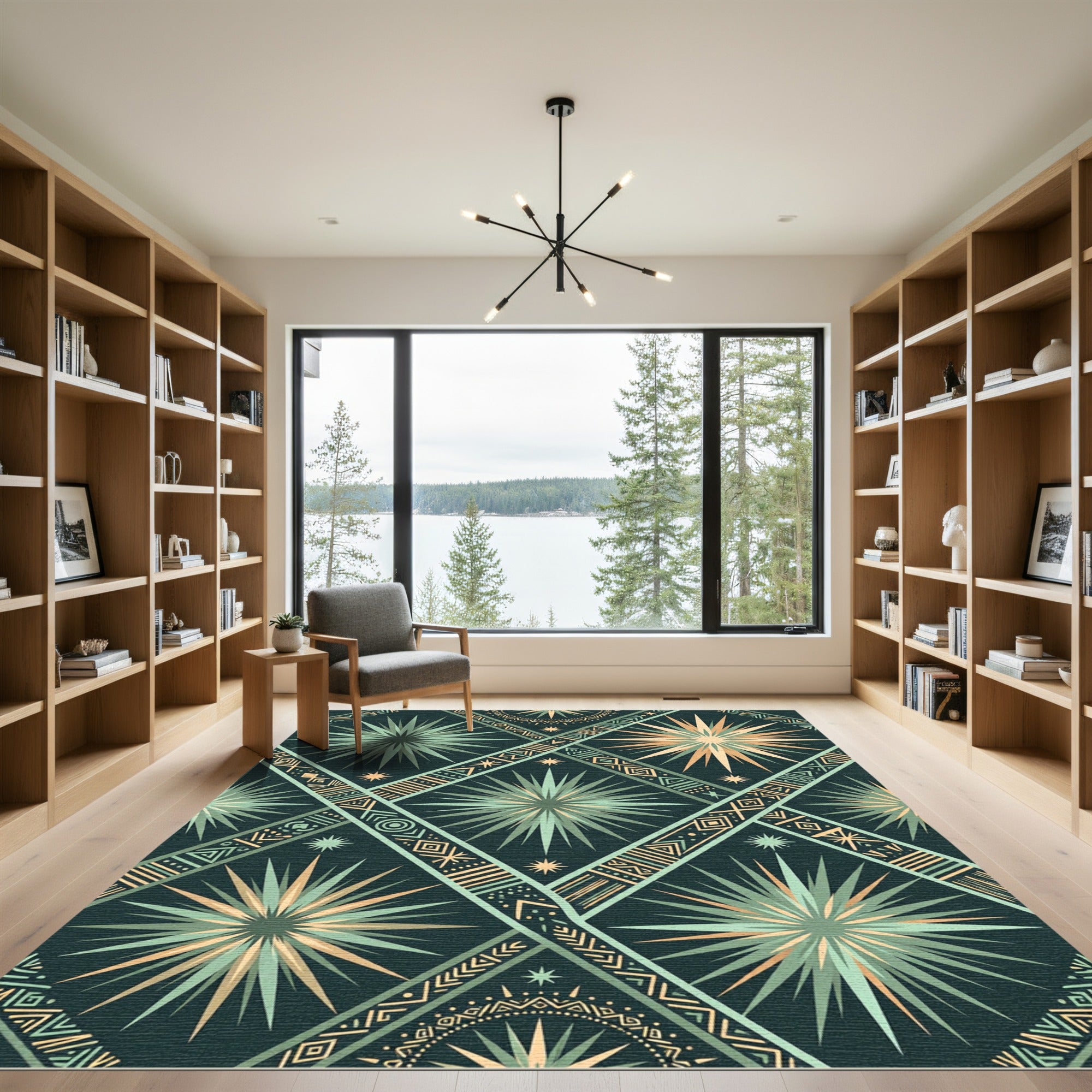 Teal Peach Sunburst Diamond Tribal Rug