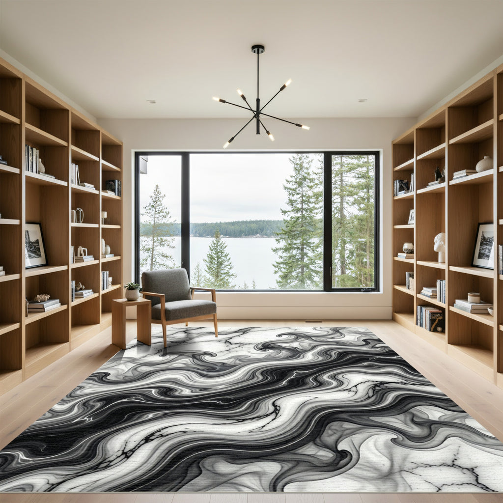 Monochrome Abstract Fluid Marble Swirl Rug