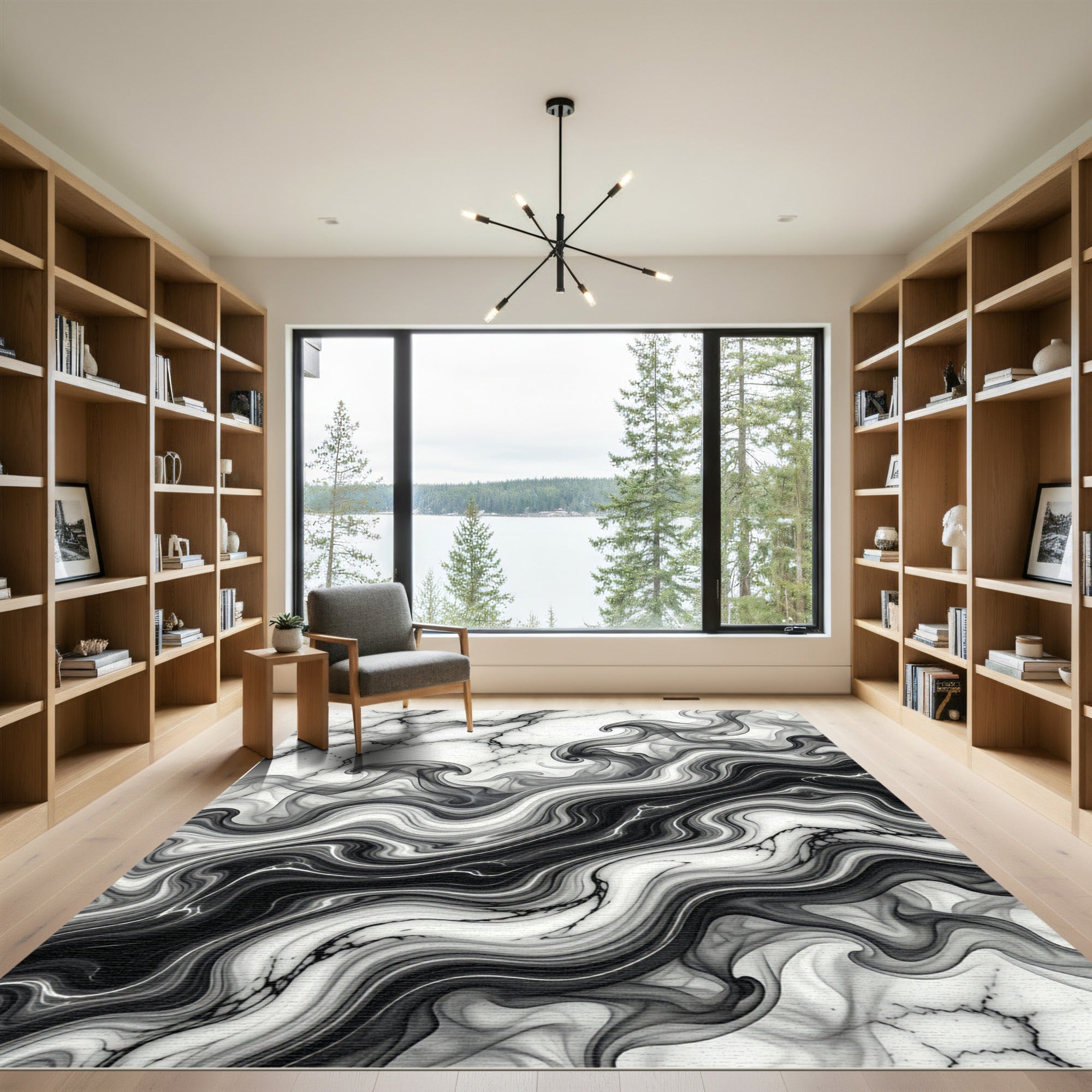 Monochrome Abstract Fluid Marble Swirl Rug