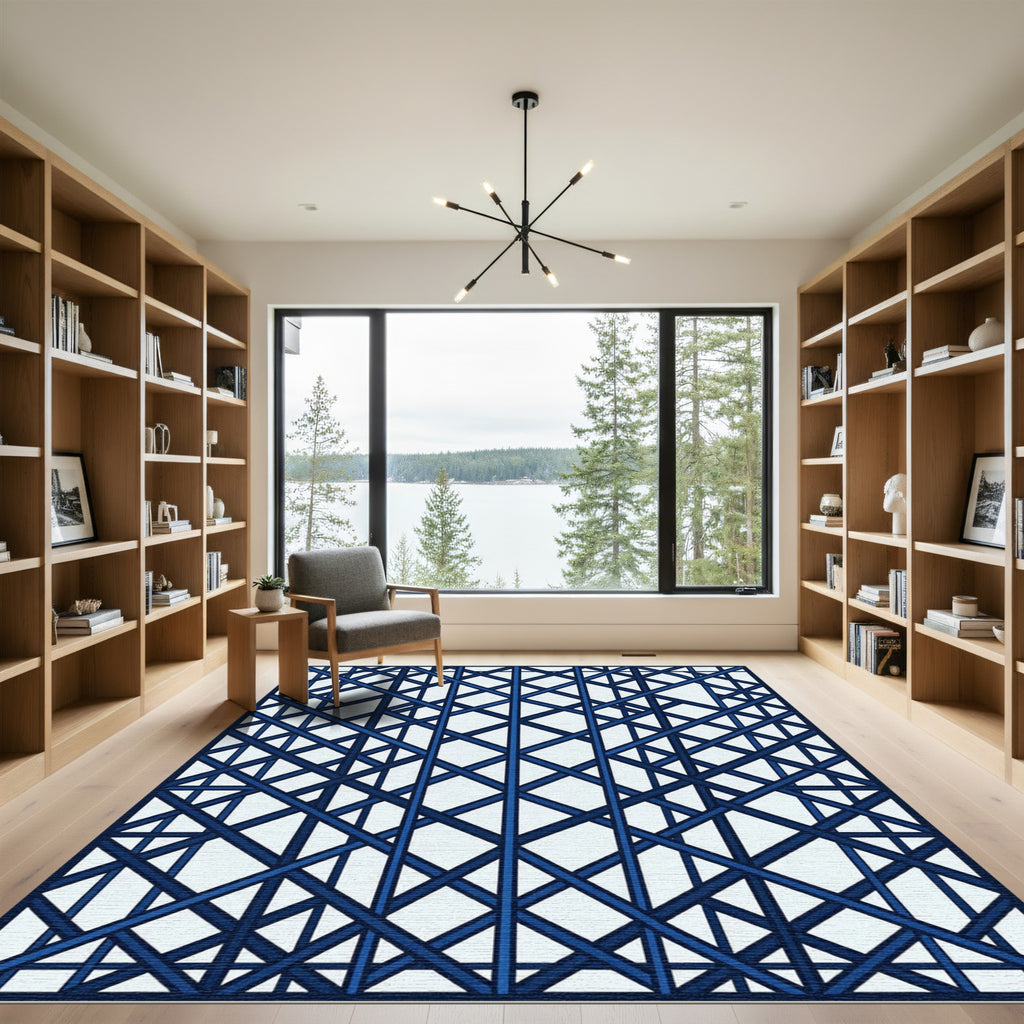 Modern Navy Blue Geometric Lattice Rug