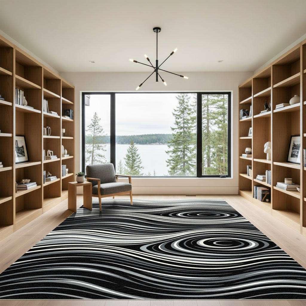 Monochromatic Swirl Wave Lines Rug