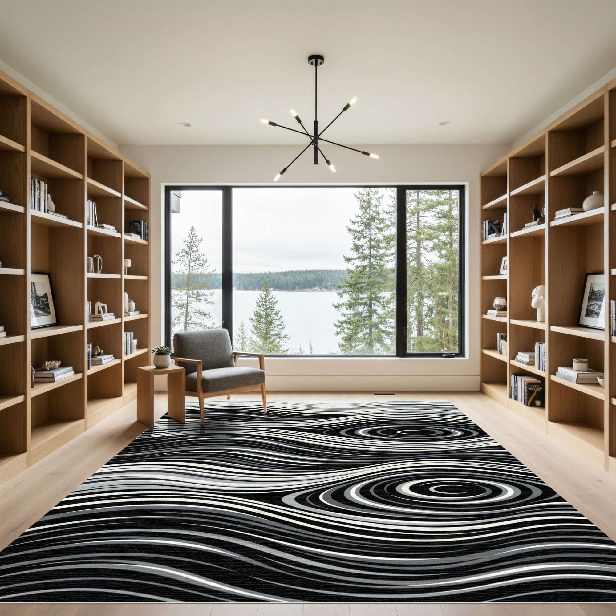 Monochromatic Swirl Wave Lines Rug