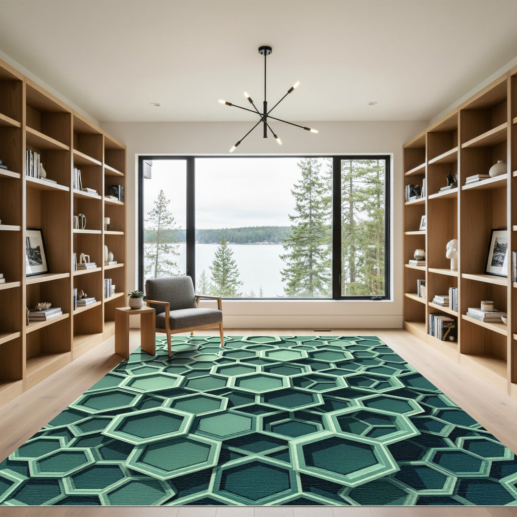 Modern Emerald Green Geometric Hexagon Rug