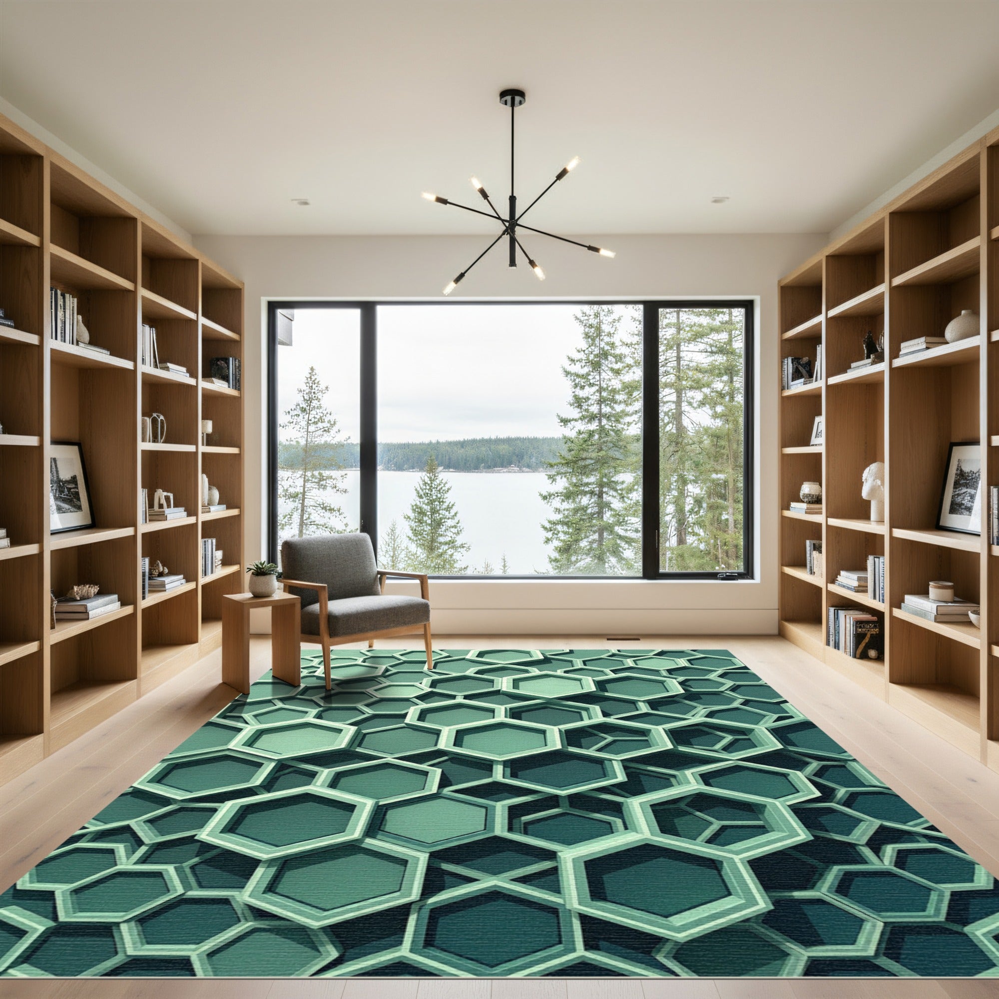 Modern Emerald Green Geometric Hexagon Rug