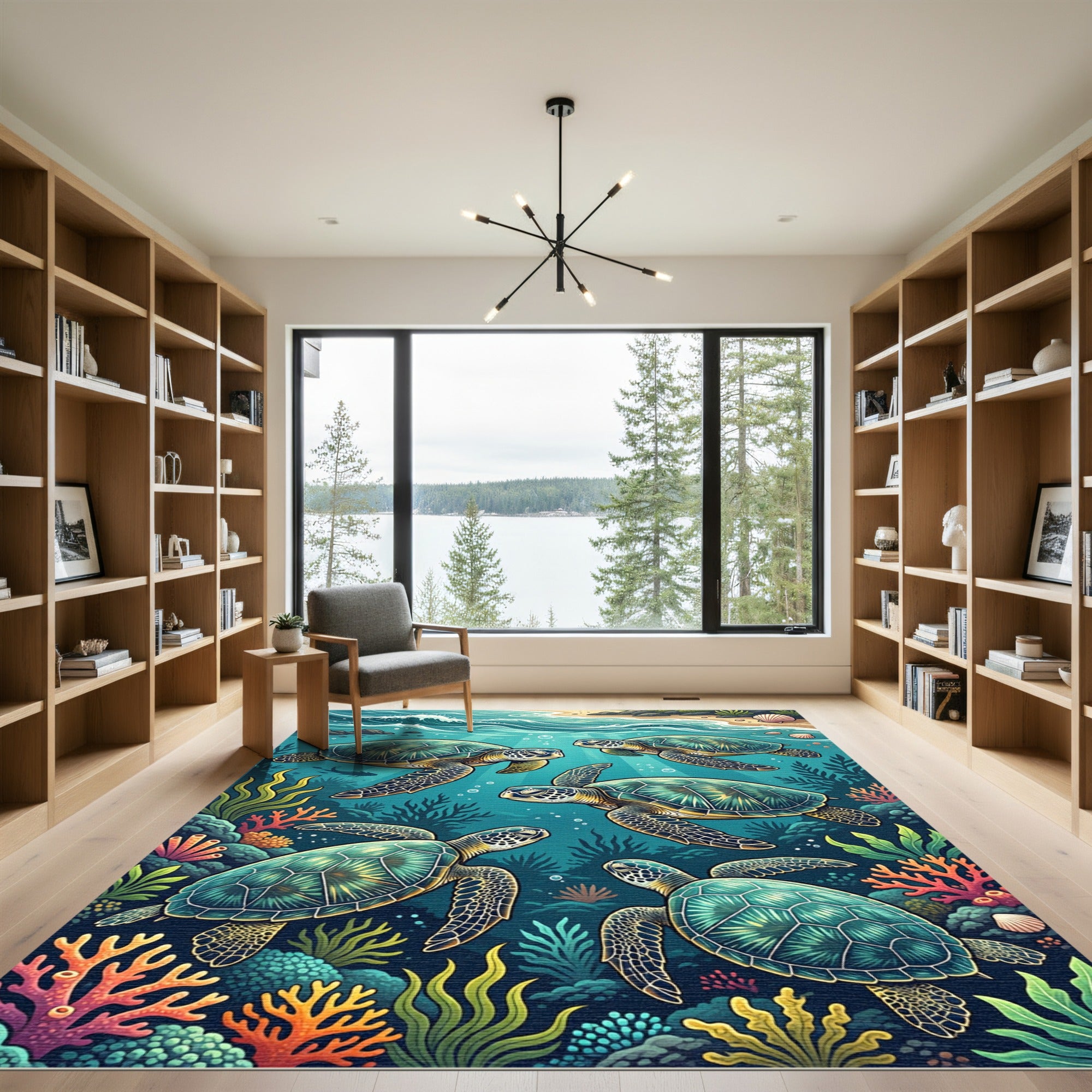 Vibrant Turquoise Sea Turtle Underwater Scene Rug