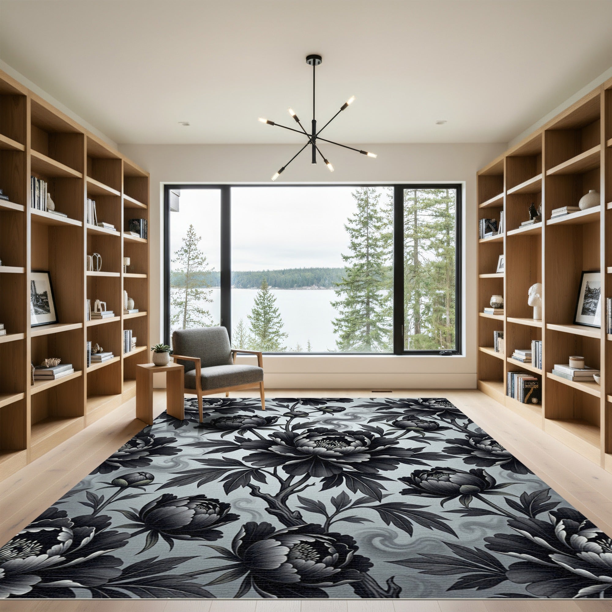 Monochromatic Floral Peony Botanical Art Rug