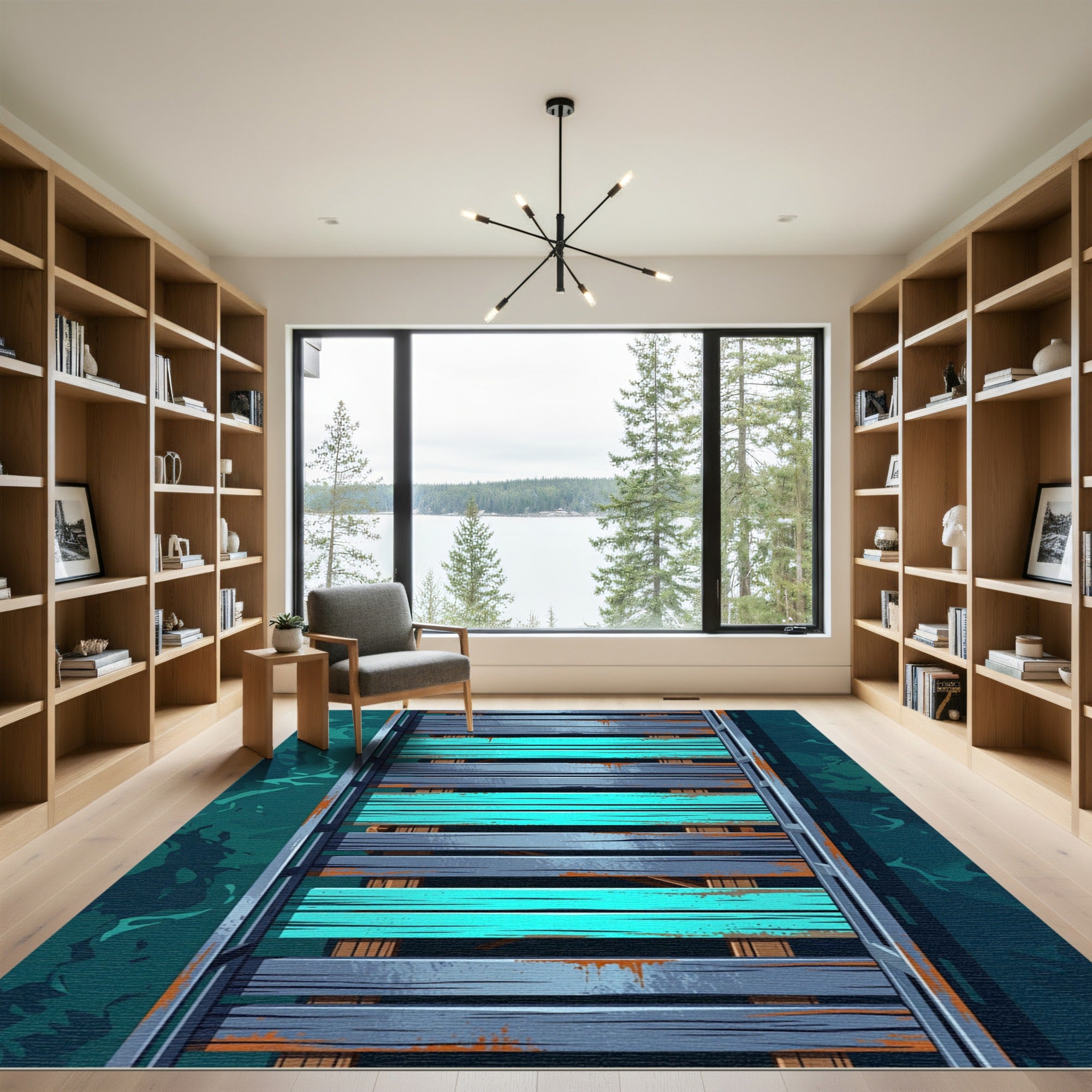 Rustic Teal and Steel Plank Board Rug