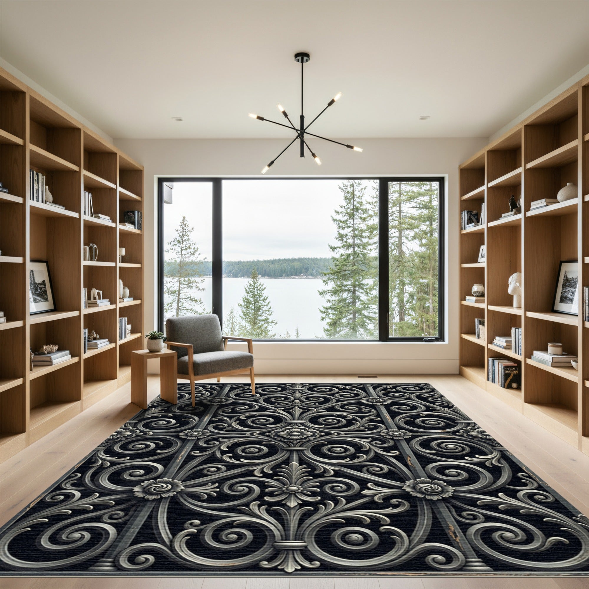 Gray Scrollwork Floral Iron Gate Rug