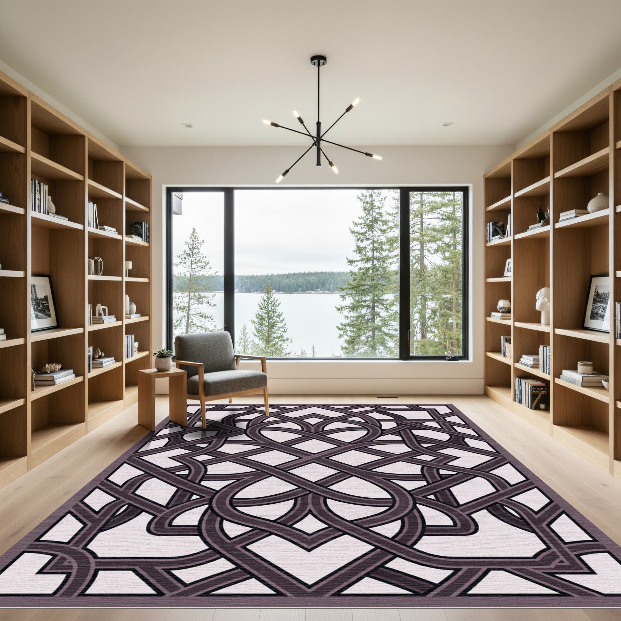 Intricate Mauve Interlocking Geometric Lattice Rug