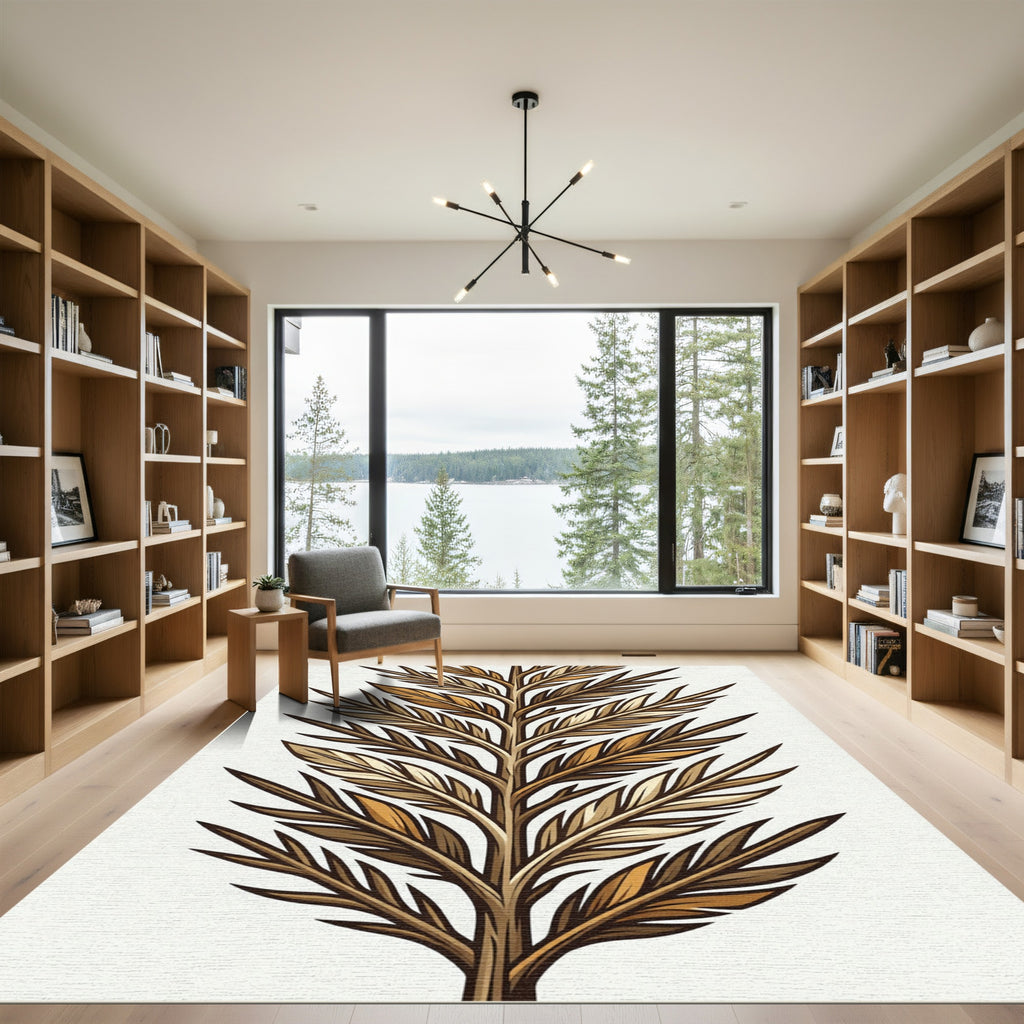 Golden Botanical Fern Leaf Feather Rug