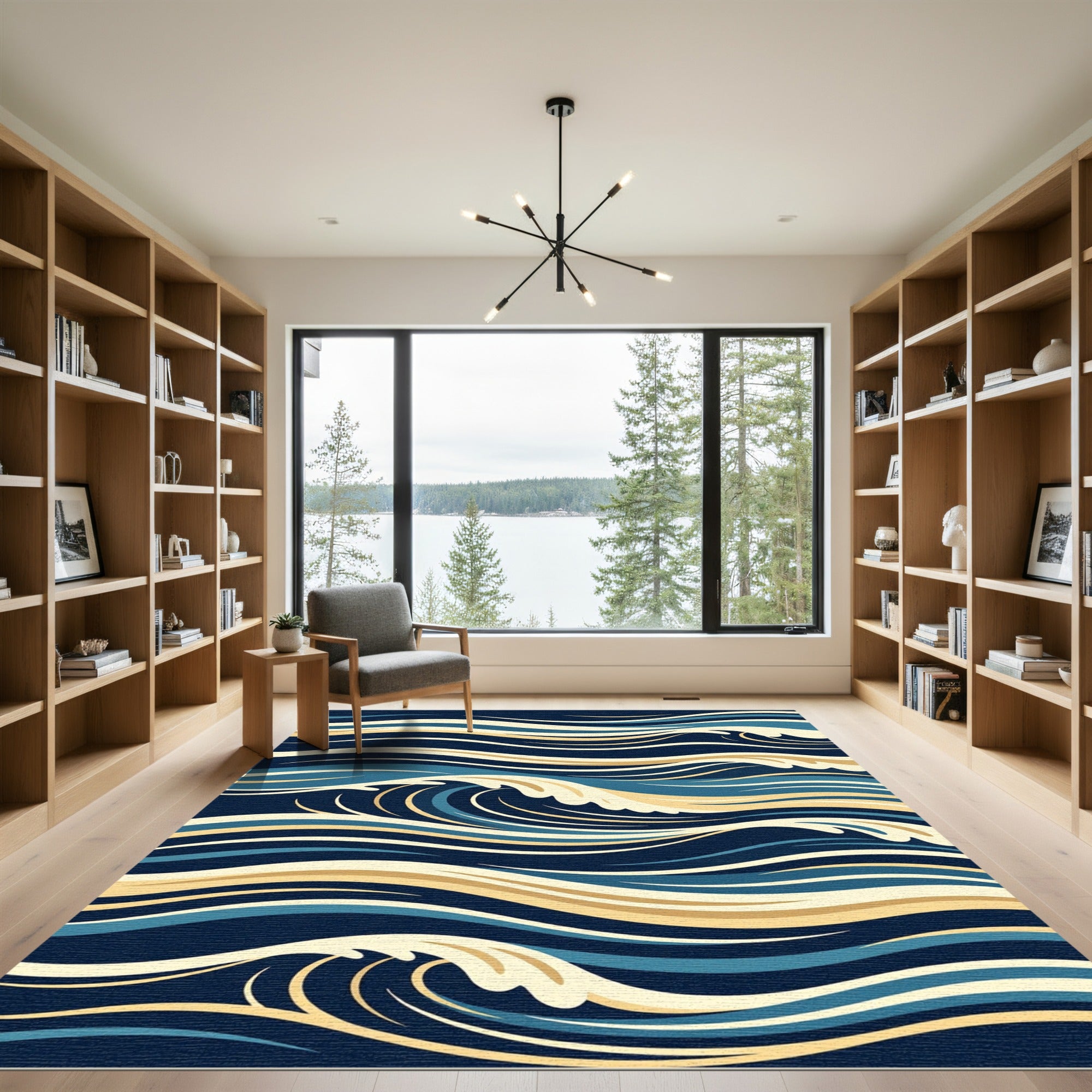 Abstract Navy and Gold Wave Rhythm Rug