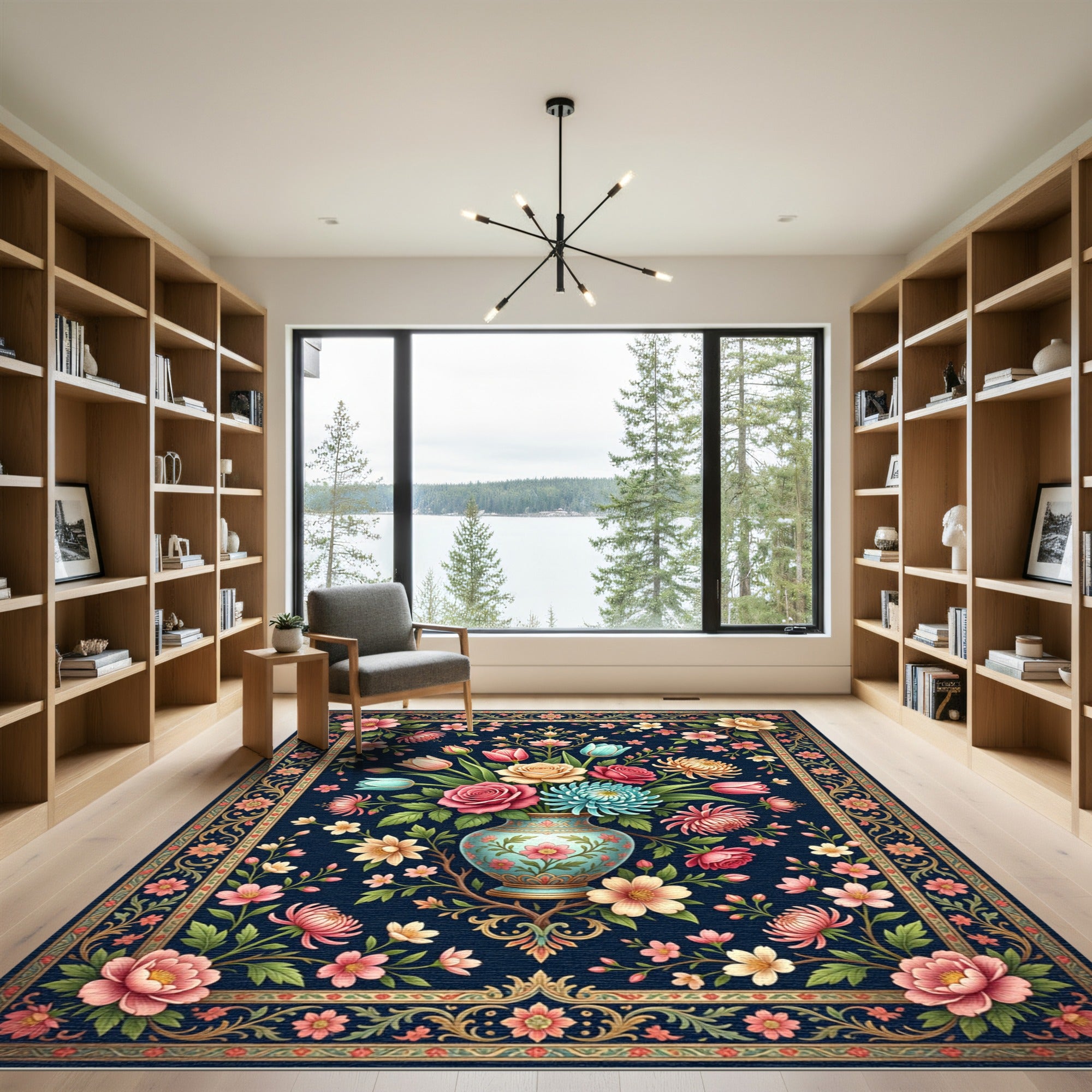 Elegant Navy Floral Bouquet Decorative Rug