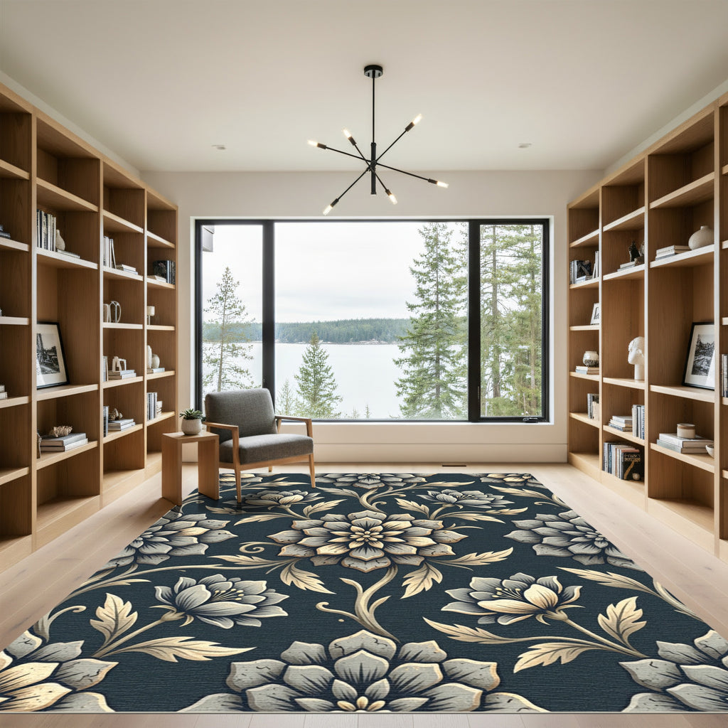 Ornate Gray Floral Scrollwork Rug
