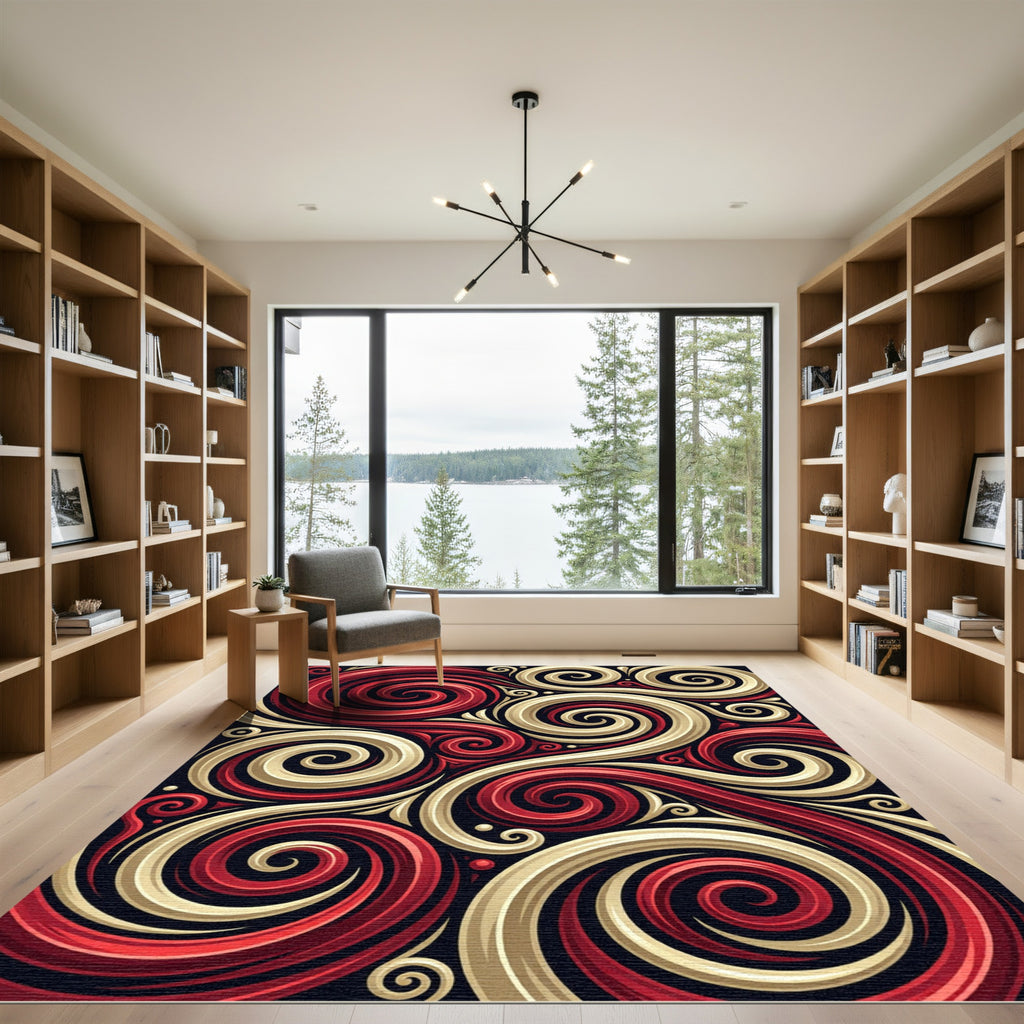 Crimson Gold Swirls Abstraction Rug