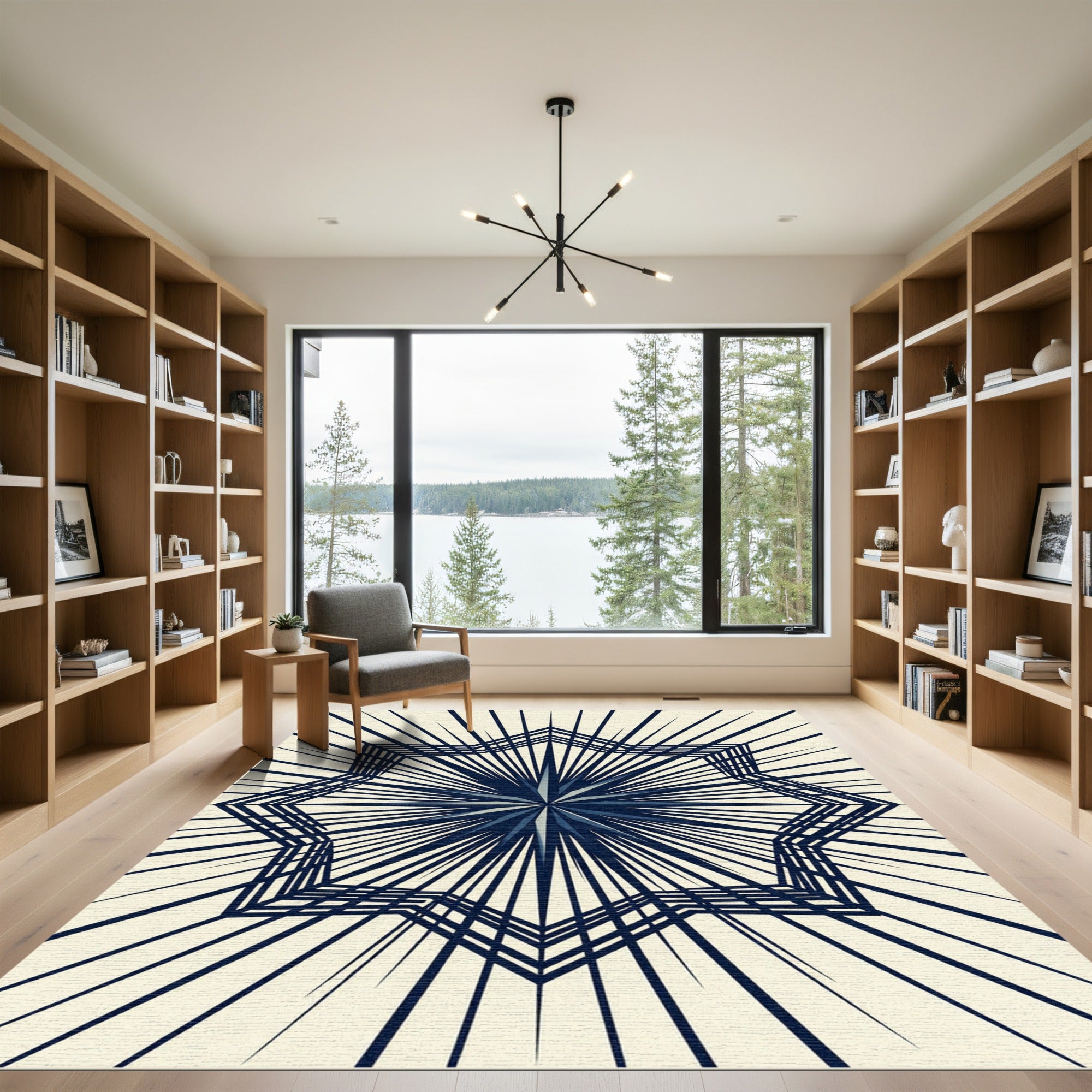 Navy Geometric Starburst Radiant Line Art Rug