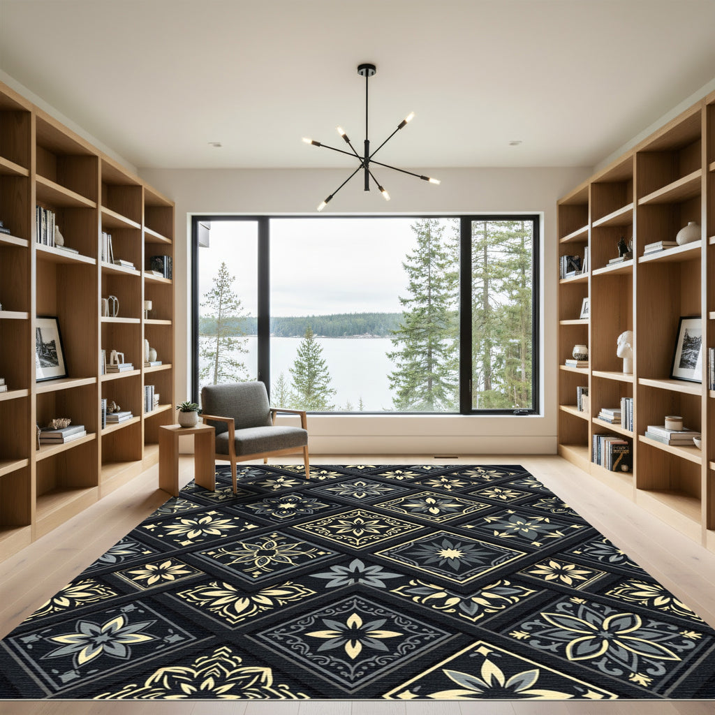 Dark Gray Gold Floral Medallion Tiles Rug