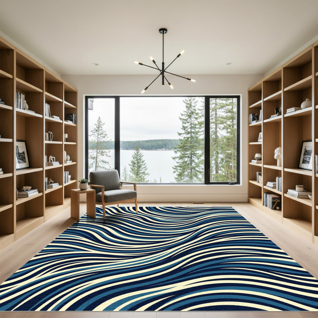 Navy Blue Abstract Flowing Wave Lines Rug