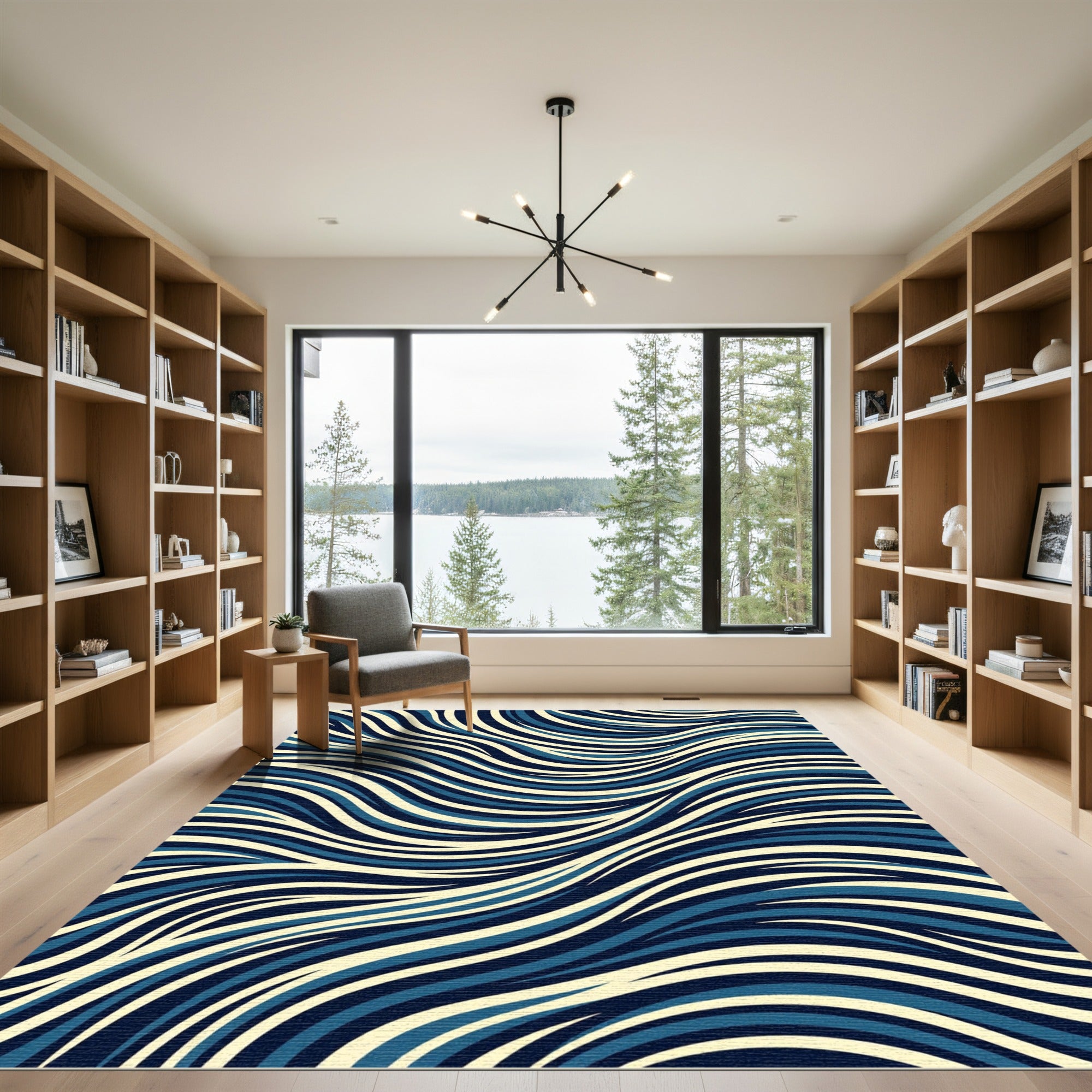 Navy Blue Abstract Flowing Wave Lines Rug
