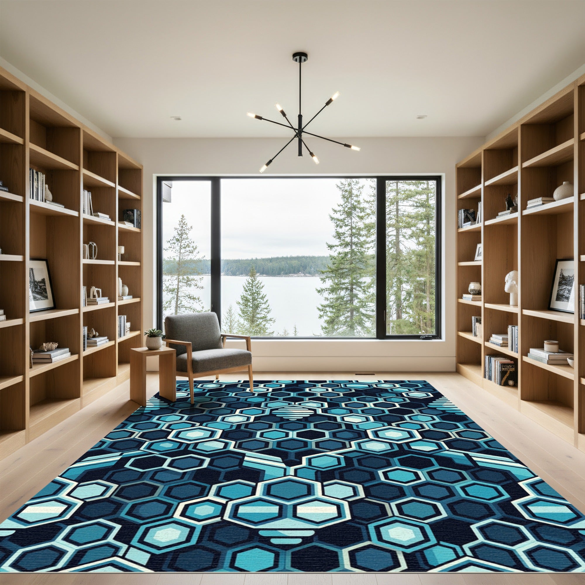 Deep Blue Hexagon Geometric Abstract Rug