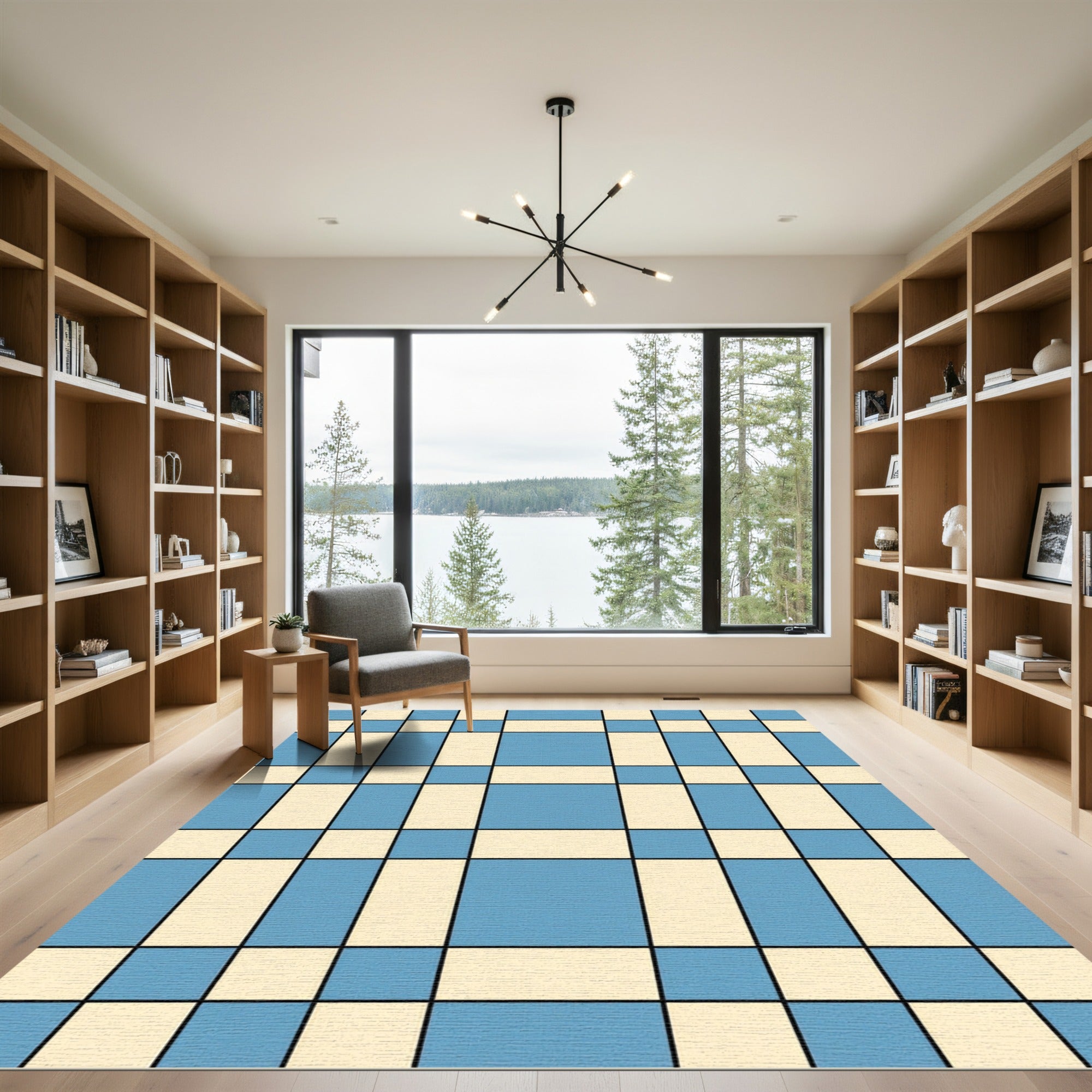 Modern Grid Blue and Cream Plaid Rug
