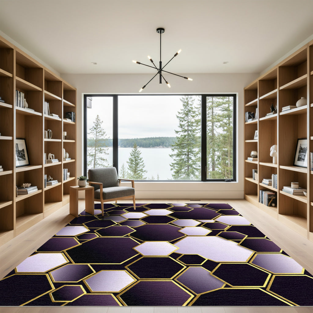 Sophisticated Purple Golden Geometric Hexagon Rug
