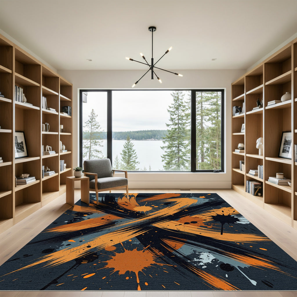 Bold Abstract Orange and Black Brushstrokes Rug