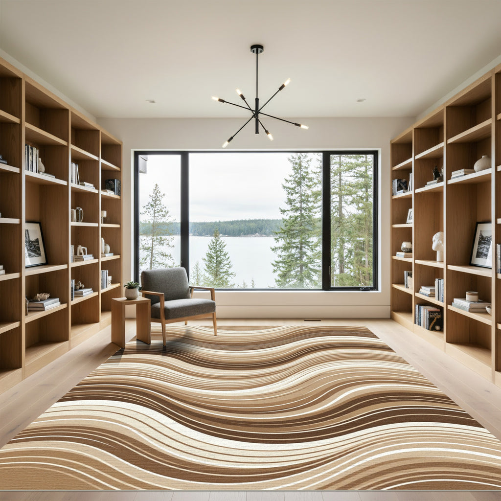 Earthy Brown Wavy Abstract Fluid Lines Rug