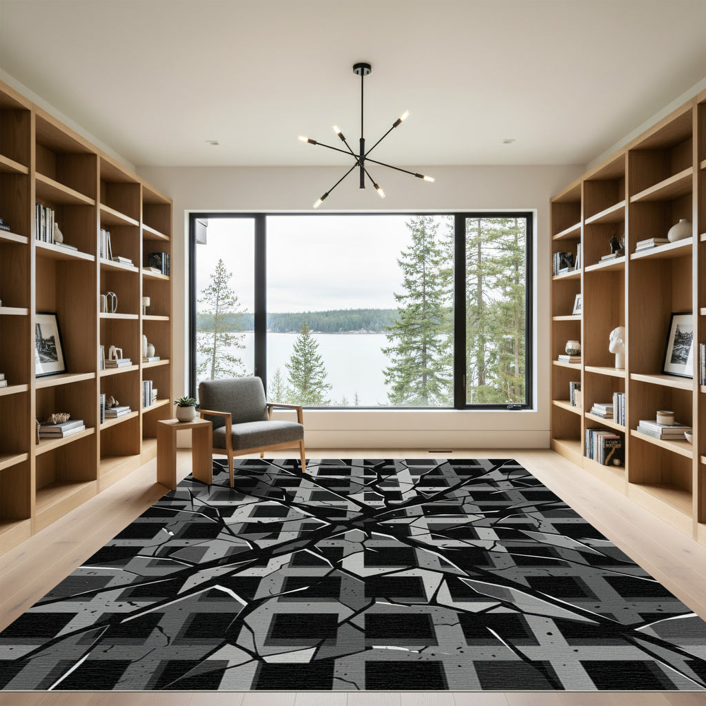 Monochromatic Abstract Shattered Geometric Grid Rug