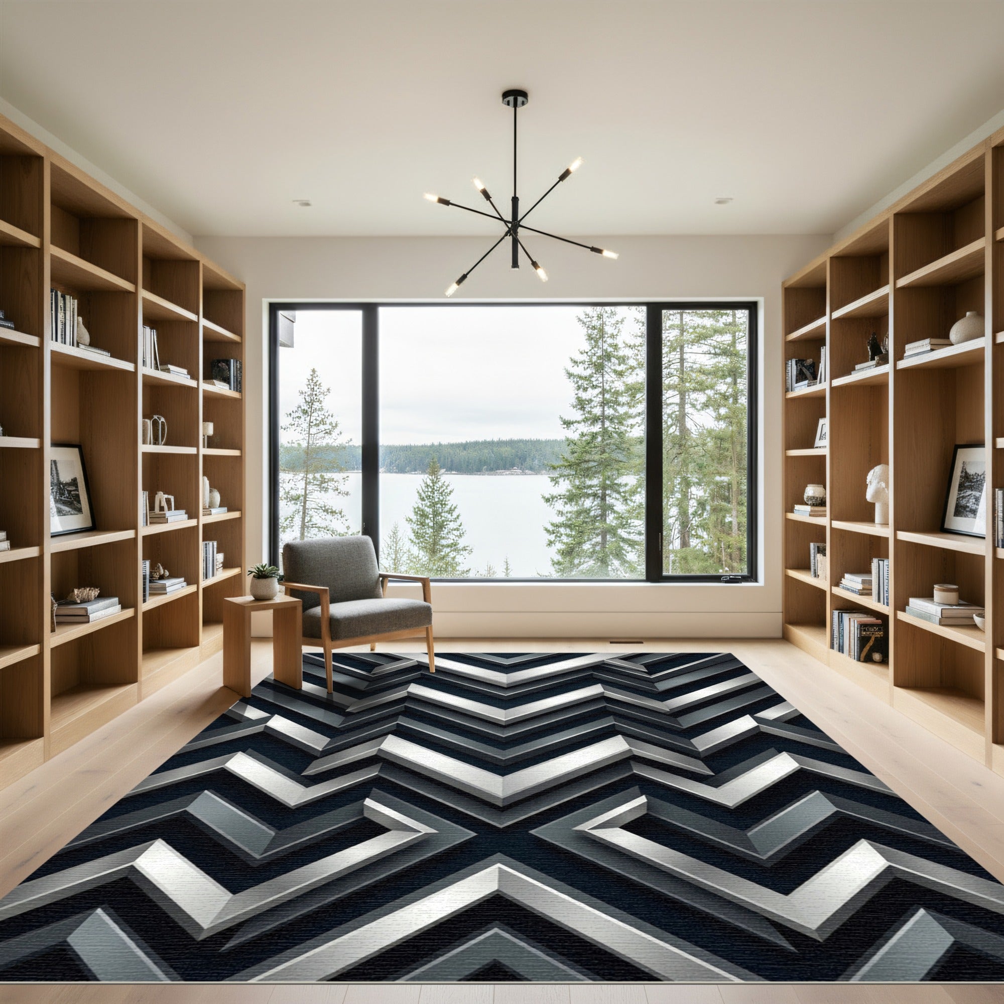 Metallic Silver Chevron Geometric Monochromatic Rug