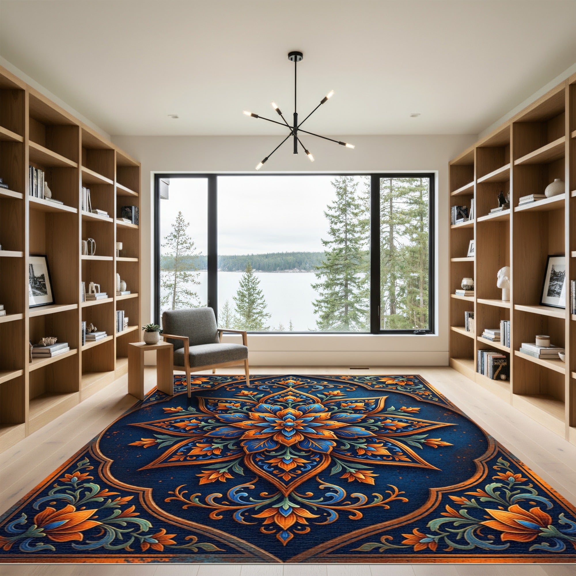 Ornate Blue Orange Floral Medallion Rug