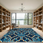 Ornate Midnight Blue Gold Geometric Lattice Rug