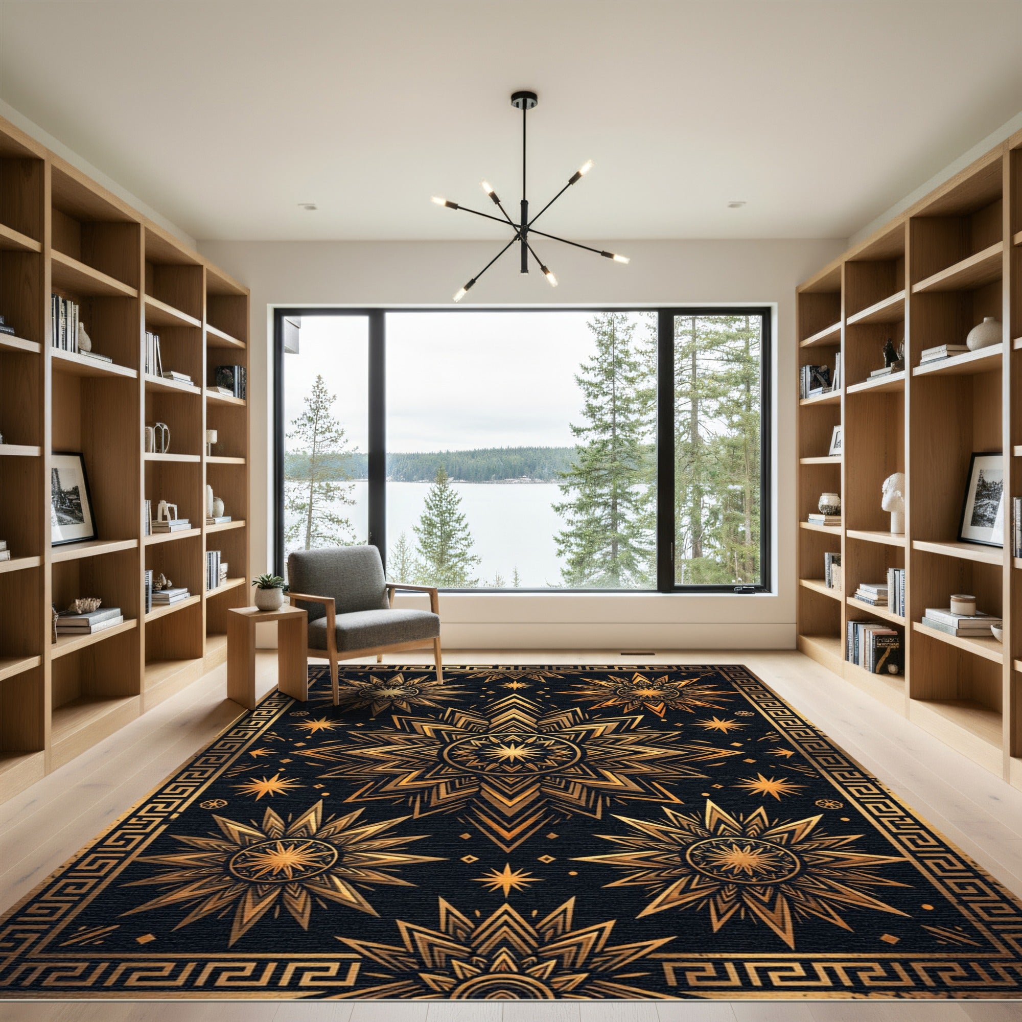 Radiant Gold Starburst Mandala Border Rug