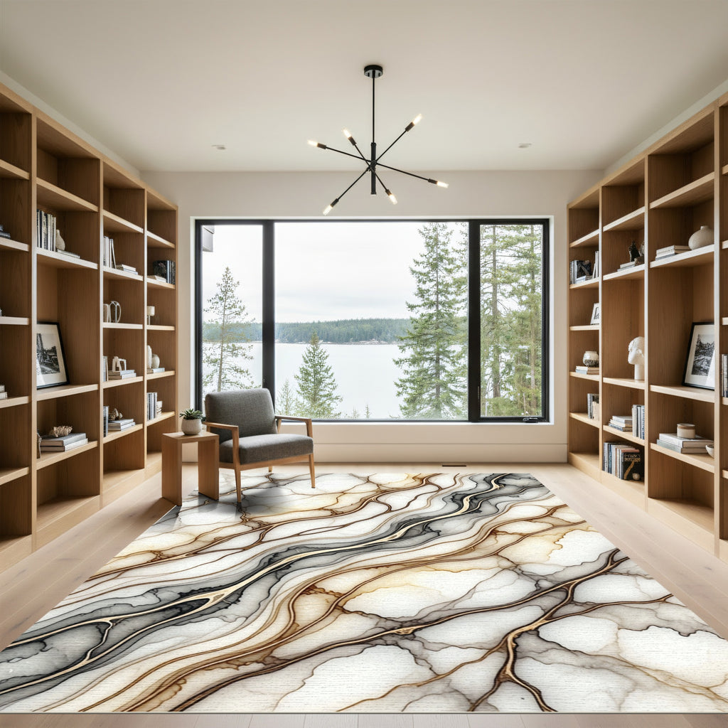 Abstract Gold Veined Marble Swirl Rug